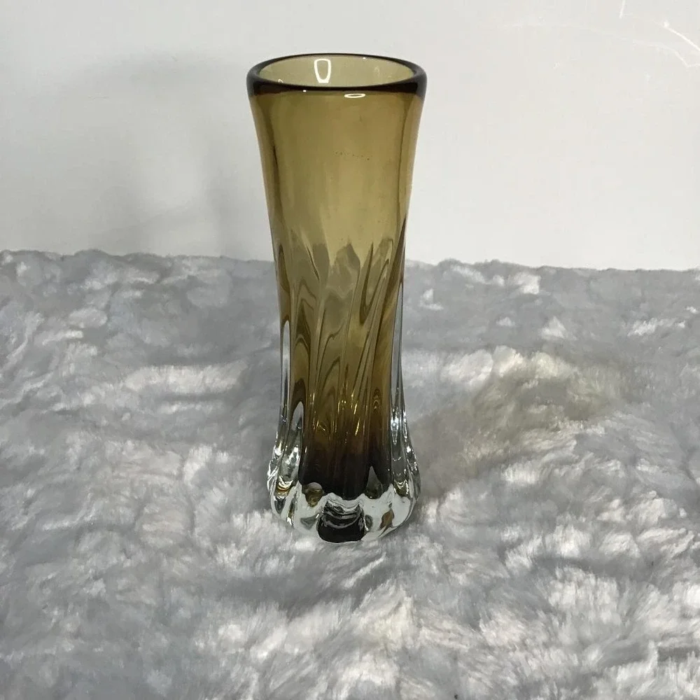 Signed Studio Art Glass Bud Vase Amber Brown Swirl Hand‎ Blown 6.5